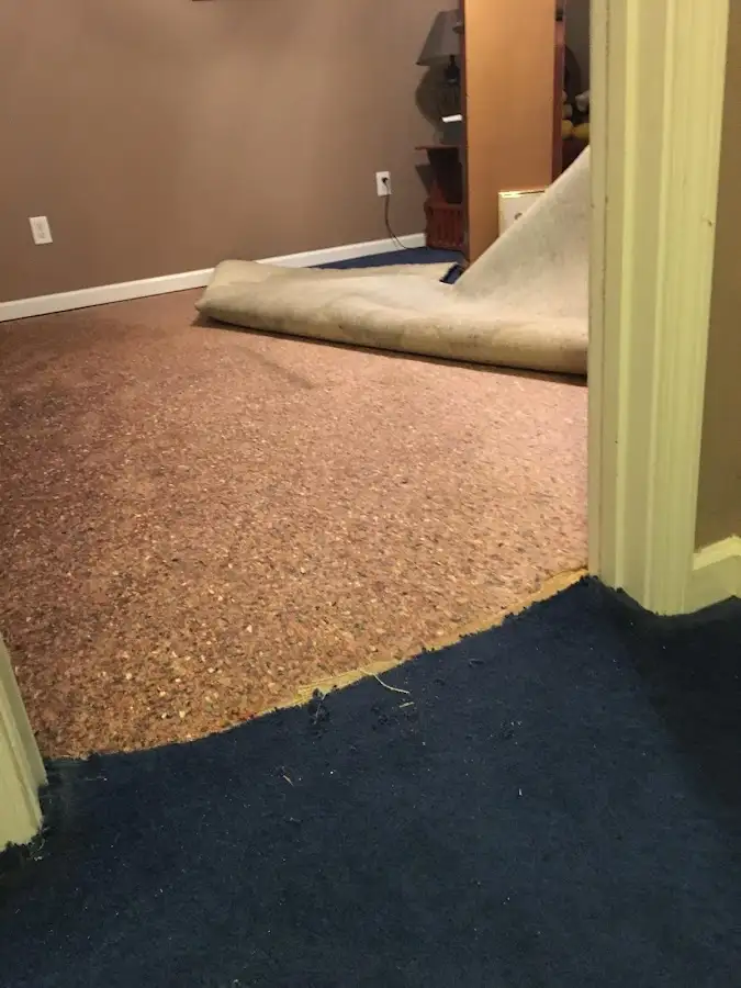 Carpet pad removal revealing water damage during Water Mitigation Services in League City